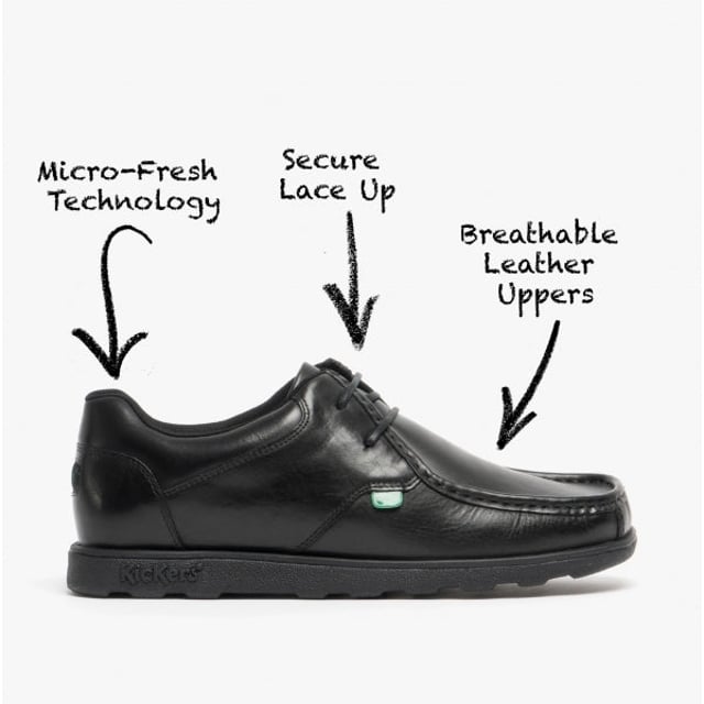 Kickers FRAGMA LACE 2 Eyelet Boys School Shoes Black

 Upper Material: Leather

Lining Material: Textile

Sole Material: Rubber

Closure/Fastening: Lace-Up

Features: Comfort,Breathable

Toe Shape: Square

Shoe Width: Regular

Item Weight: 0.5 KG

Heel Height: Flat (Under 2.5cm)

Shoe Style: School

Gift Boxed: No
Product Code: 114225