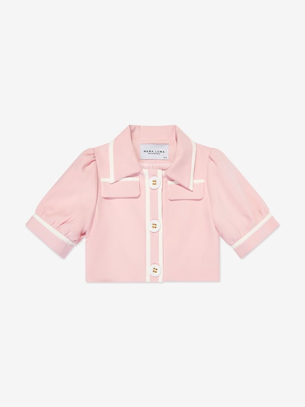 Mama Luma incorporate beautiful eco-friendly materials into their sophisticated handmade constructions. This girls pink shirt jacket is reflective of the Californian label's precision of beauty. It showcases a pointed collar, white trims, short puffy sleeves, large pearlescent buttons and front welt pockets.‚Cotton Lining ‚71% Polyester, 20% Viscose, 9% Elastane