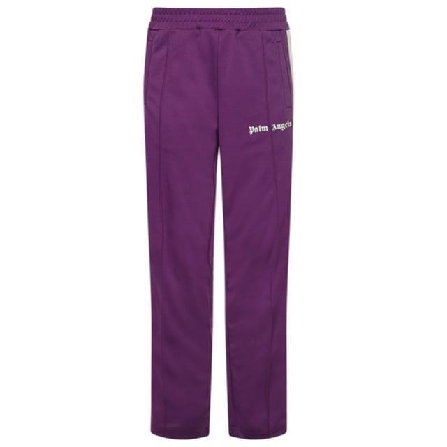 Palm Angels Classic Track Jogginghose in Lila, hergestellt in Italien, weißes Streifendetail, normale Passform mit geradem Beinabschluss, Bündchen an der Taille, charakteristisches Gothic-Print-Branding, lila Jogginghose