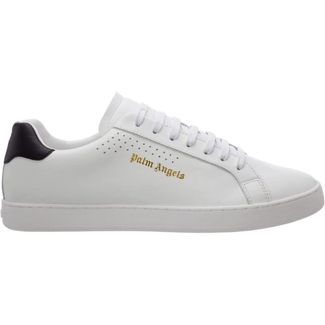 Palm Angels witte sneaker, zwarte hak, palmboom op de hiel, gouden logo aan de zijkant, leren bovenwerk, vetersluiting, witte sneakers, schoenen, gemaakt in Italië