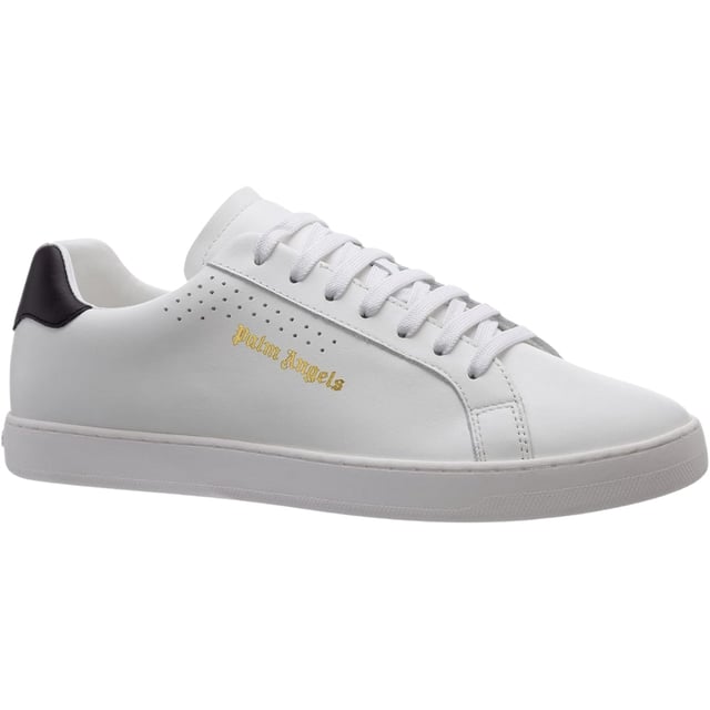 Palm Angels witte sneaker, zwarte hak, palmboom op de hiel, gouden logo aan de zijkant, leren bovenwerk, vetersluiting, witte sneakers, schoenen, gemaakt in Italië