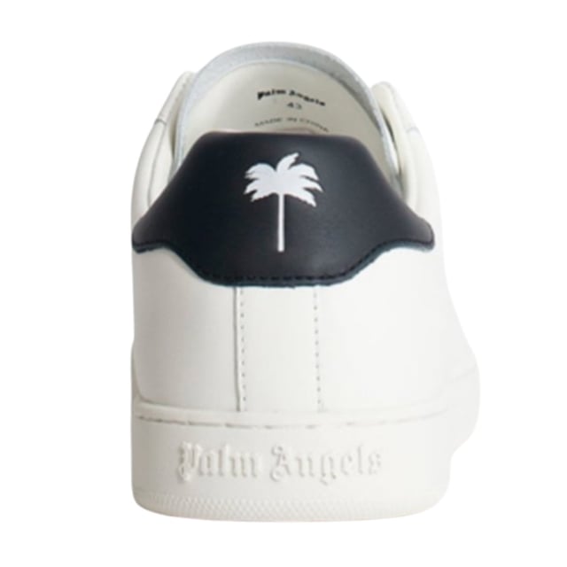 Palm Angels witte sneaker, zwarte hak, palmboom op de hiel, gouden logo aan de zijkant, leren bovenwerk, vetersluiting, witte sneakers, schoenen, gemaakt in Italië