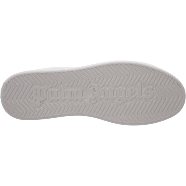 Palm Angels witte sneaker, zwarte hak, palmboom op de hiel, gouden logo aan de zijkant, leren bovenwerk, vetersluiting, witte sneakers, schoenen, gemaakt in Italië