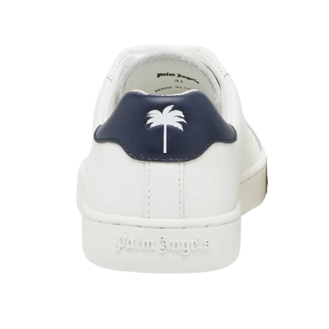 Zapatilla deportiva blanca Palm Angels, tacón azul marino, palmera en el talón, logo dorado en el lateral, parte superior de cuero, cierre de cordón, zapatillas deportivas blancas, calzado, hecho en Italia