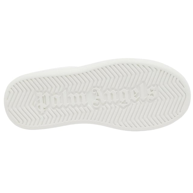 Zapatilla deportiva blanca Palm Angels, tacón azul marino, palmera en el talón, logo dorado en el lateral, parte superior de cuero, cierre de cordón, zapatillas deportivas blancas, calzado, hecho en Italia