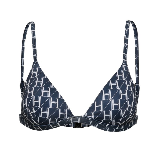 Womens HUGO Monogram Triangle Bikini Top in multi colour.- Adjustable straps.- Clasp closure at back.- Allover monogram print.- Main material: 86% recycled polyester  14% elastane.  Lining: 72% polyamide 28% elastane.  Machine washable.- Ref: 50470226960