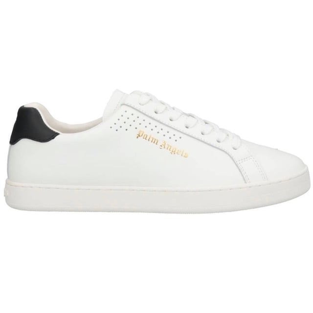 Palm Angels White Sneaker, Black Heel, Palm Tree On Heel, Gold Logo On Side, Leather Upper, Lace Fasten, White Trainers, Footwear, Made In Italy
