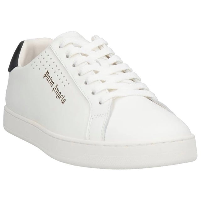 Palm Angels White Sneaker, Black Heel, Palm Tree On Heel, Gold Logo On Side, Leather Upper, Lace Fasten, White Trainers, Footwear, Made In Italy