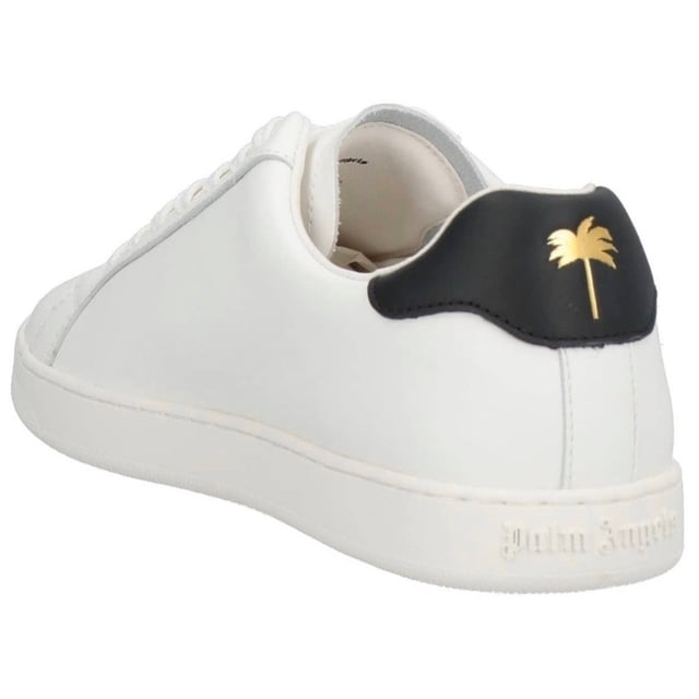 Palm Angels White Sneaker, Black Heel, Palm Tree On Heel, Gold Logo On Side, Leather Upper, Lace Fasten, White Trainers, Footwear, Made In Italy
