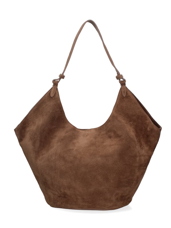 Bolso bandolera para mujer. El cierre está ausente. Los bolsillos internos son bolsos de mano. Los bolsillos externos están ausentes. Falta la correa para el hombro. El mango es de cuero. Hay un compartimento interno. El material exterior es ante auténtico. Internamente no está forrado. Medidas: 27x38x21,5 cm. Hecho en Italia