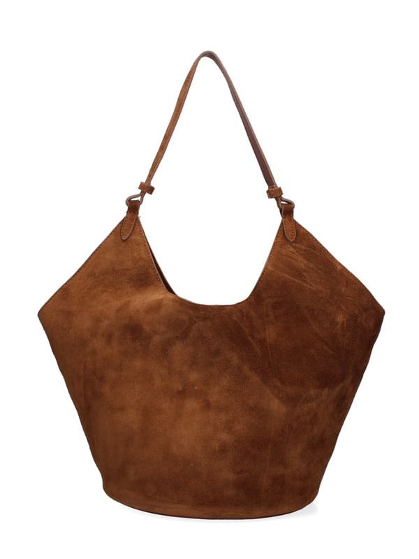 Bolso bandolera para mujer. El cierre está ausente. Los bolsillos internos son bolsos de mano. Los bolsillos externos están ausentes. Falta la correa para el hombro. El mango es de cuero. Hay un compartimento interno. El material exterior es ante auténtico. Internamente no está forrado. Medidas: 27x38x21,5 cm. Hecho en Italia