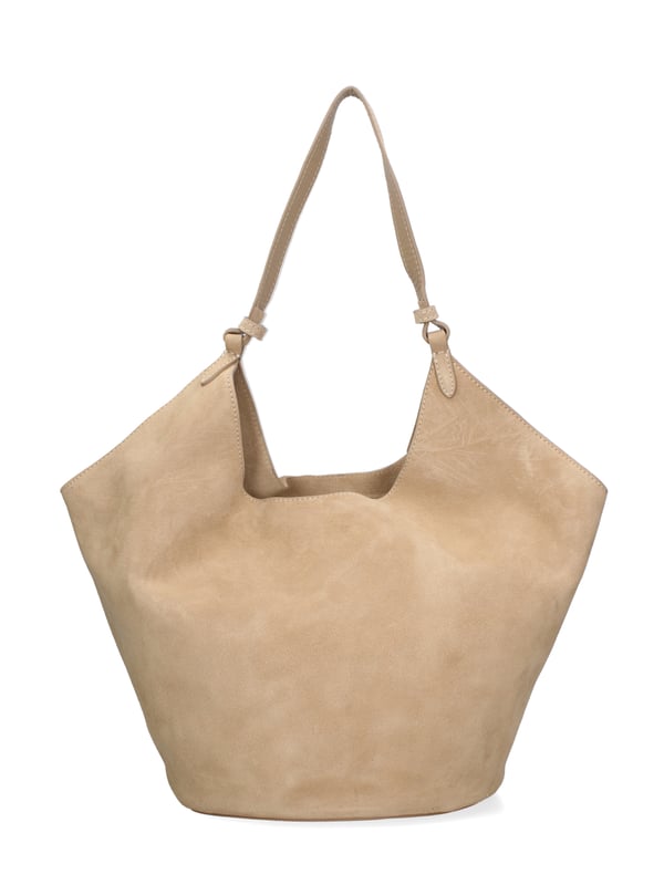 Bolso bandolera para mujer. El cierre está ausente. Los bolsillos internos son bolsos de mano. Los bolsillos externos están ausentes. Falta la correa para el hombro. El mango es de cuero. Hay un compartimento interno. El material exterior es ante auténtico. Internamente no está forrado. Medidas: 27x38x21,5 cm. Hecho en Italia