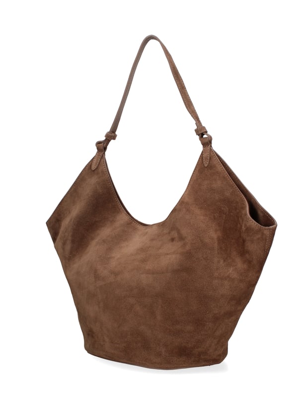 Bolso bandolera para mujer. El cierre está ausente. Los bolsillos internos son bolsos de mano. Los bolsillos externos están ausentes. Falta la correa para el hombro. El mango es de cuero. Hay un compartimento interno. El material exterior es ante auténtico. Internamente no está forrado. Medidas: 27x38x21,5 cm. Hecho en Italia