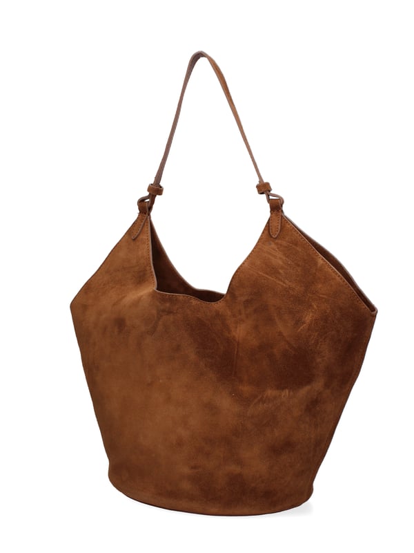 Bolso bandolera para mujer. El cierre está ausente. Los bolsillos internos son bolsos de mano. Los bolsillos externos están ausentes. Falta la correa para el hombro. El mango es de cuero. Hay un compartimento interno. El material exterior es ante auténtico. Internamente no está forrado. Medidas: 27x38x21,5 cm. Hecho en Italia