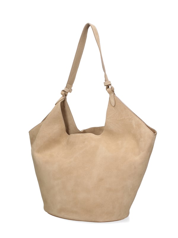 Bolso bandolera para mujer. El cierre está ausente. Los bolsillos internos son bolsos de mano. Los bolsillos externos están ausentes. Falta la correa para el hombro. El mango es de cuero. Hay un compartimento interno. El material exterior es ante auténtico. Internamente no está forrado. Medidas: 27x38x21,5 cm. Hecho en Italia