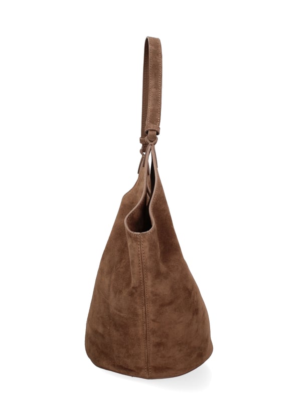 Bolso bandolera para mujer. El cierre está ausente. Los bolsillos internos son bolsos de mano. Los bolsillos externos están ausentes. Falta la correa para el hombro. El mango es de cuero. Hay un compartimento interno. El material exterior es ante auténtico. Internamente no está forrado. Medidas: 27x38x21,5 cm. Hecho en Italia