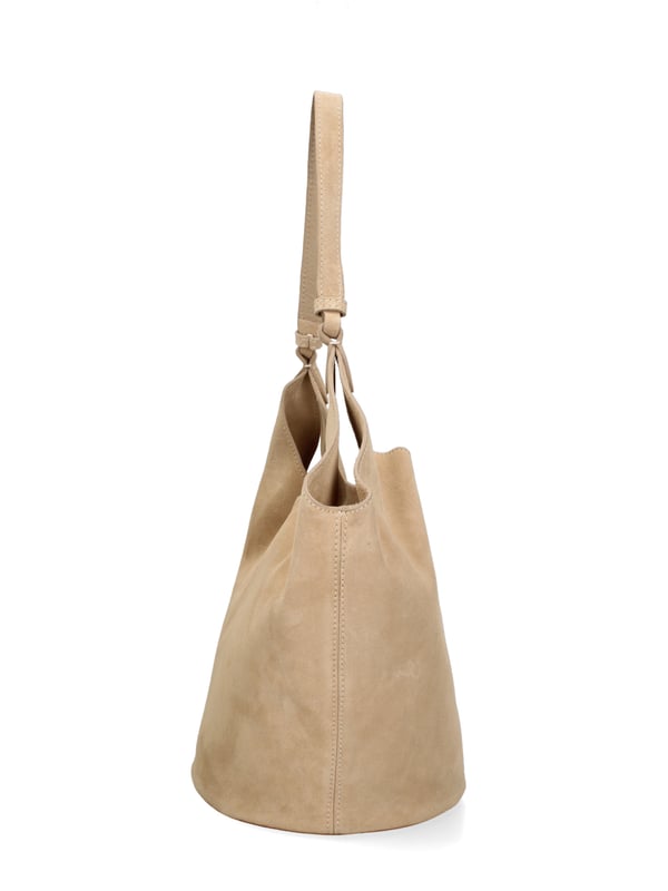 Bolso bandolera para mujer. El cierre está ausente. Los bolsillos internos son bolsos de mano. Los bolsillos externos están ausentes. Falta la correa para el hombro. El mango es de cuero. Hay un compartimento interno. El material exterior es ante auténtico. Internamente no está forrado. Medidas: 27x38x21,5 cm. Hecho en Italia