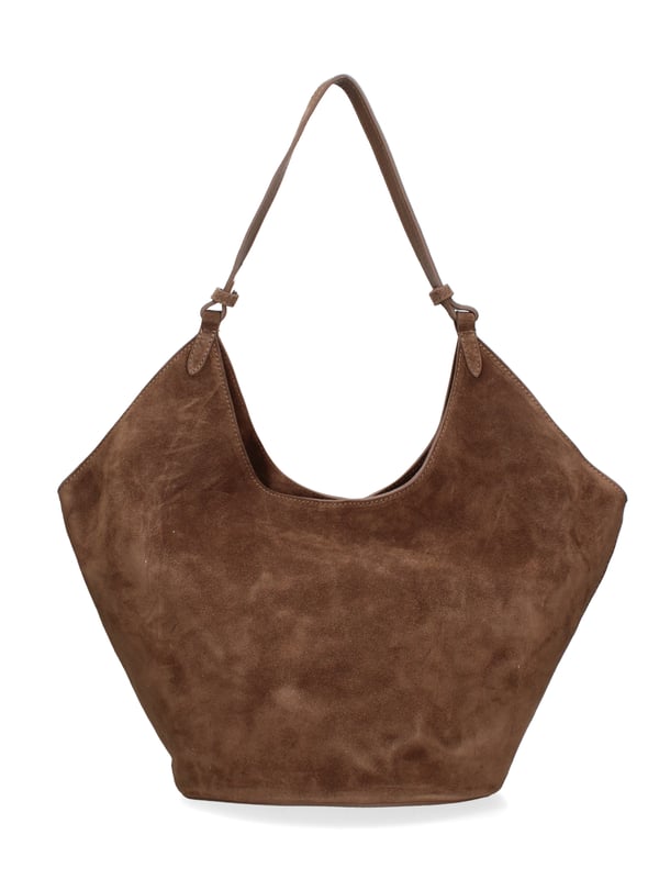 Bolso bandolera para mujer. El cierre está ausente. Los bolsillos internos son bolsos de mano. Los bolsillos externos están ausentes. Falta la correa para el hombro. El mango es de cuero. Hay un compartimento interno. El material exterior es ante auténtico. Internamente no está forrado. Medidas: 27x38x21,5 cm. Hecho en Italia