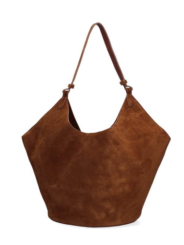 Bolso bandolera para mujer. El cierre está ausente. Los bolsillos internos son bolsos de mano. Los bolsillos externos están ausentes. Falta la correa para el hombro. El mango es de cuero. Hay un compartimento interno. El material exterior es ante auténtico. Internamente no está forrado. Medidas: 27x38x21,5 cm. Hecho en Italia