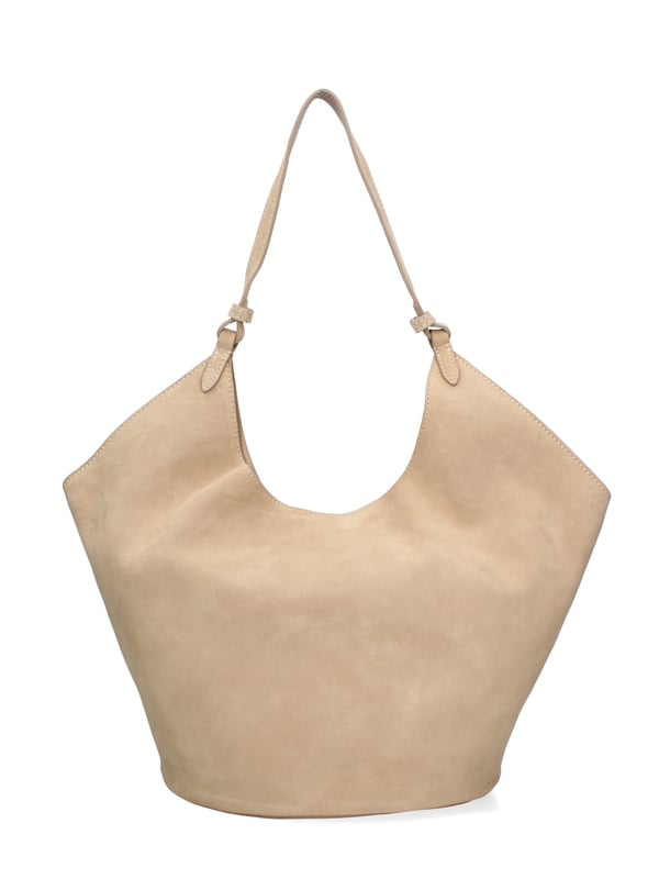 Bolso bandolera para mujer. El cierre está ausente. Los bolsillos internos son bolsos de mano. Los bolsillos externos están ausentes. Falta la correa para el hombro. El mango es de cuero. Hay un compartimento interno. El material exterior es ante auténtico. Internamente no está forrado. Medidas: 27x38x21,5 cm. Hecho en Italia