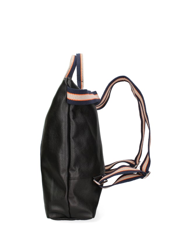 In einen Rucksack umwandelbare Damenhandtasche mit Reißverschluss. eine mit Reißverschluss-Innentaschen. fehlende Außentaschen. fehlender Schultergurt. Gewebegriff. ein Innenfach.  Außenmaterial. Gefüttert mit 70 % Baumwolle, innen 30 % Polyester. Maße: 43x38x12 cm. Hergestellt in Italien