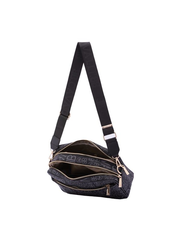 Bolso bandolera para mujer. El cierre es con cremallera. Los bolsillos internos son uno con cremallera y dos abiertos. Los bolsillos externos son uno delantero con cremallera y otro trasero con cremallera. La bandolera es ajustable en tela. Falta el mango. Hay dos compartimentos internos. El material exterior es ecopiel. Internamente es 100% Poliéster. Medidas: 18x28x11 cm. Producto de moda