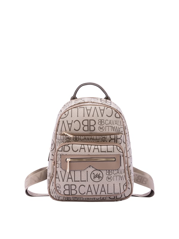 Mochila de mujer. El cierre es con cremallera. Los bolsillos internos son uno con cremallera. Los bolsillos externos son tres delanteros con cremallera y uno trasero con cremallera. La bandolera es ajustable en tela. Falta el mango. Hay un compartimento interno. El material exterior es ecopiel. Internamente es 100% Poliéster. Medidas: 26x33x16 cm. Producto de moda