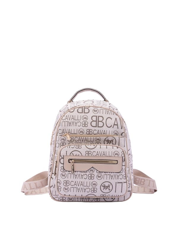 Mochila de mujer. El cierre es con cremallera. Los bolsillos internos son uno con cremallera. Los bolsillos externos son tres delanteros con cremallera y uno trasero con cremallera. La bandolera es ajustable en tela. Falta el mango. Hay un compartimento interno. El material exterior es ecopiel. Internamente es 100% Poliéster. Medidas: 26x33x16 cm. Producto de moda
