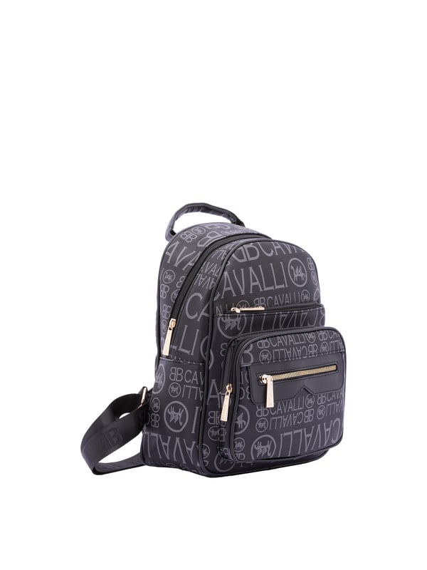 Mochila de mujer. El cierre es con cremallera. Los bolsillos internos son uno con cremallera. Los bolsillos externos son tres delanteros con cremallera y uno trasero con cremallera. La bandolera es ajustable en tela. Falta el mango. Hay un compartimento interno. El material exterior es ecopiel. Internamente es 100% Poliéster. Medidas: 26x33x16 cm. Producto de moda