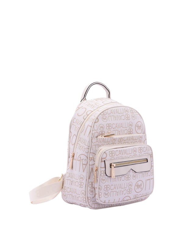 Mochila de mujer. El cierre es con cremallera. Los bolsillos internos son uno con cremallera. Los bolsillos externos son tres delanteros con cremallera y uno trasero con cremallera. La bandolera es ajustable en tela. Falta el mango. Hay un compartimento interno. El material exterior es ecopiel. Internamente es 100% Poliéster. Medidas: 26x33x16 cm. Producto de moda