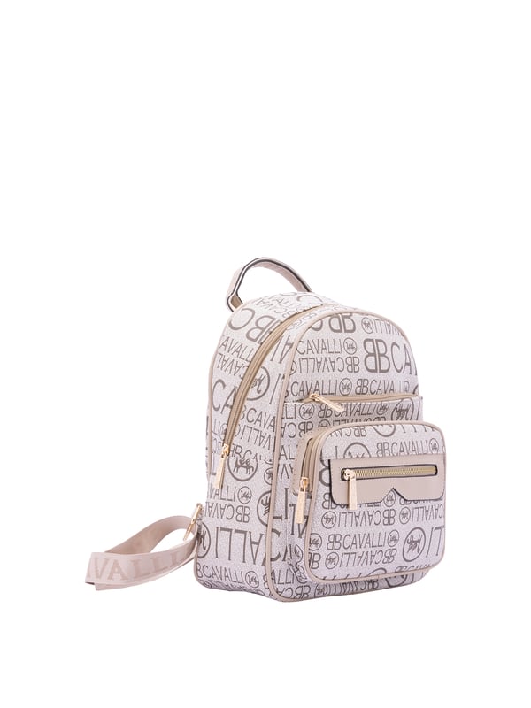 Mochila de mujer. El cierre es con cremallera. Los bolsillos internos son uno con cremallera. Los bolsillos externos son tres delanteros con cremallera y uno trasero con cremallera. La bandolera es ajustable en tela. Falta el mango. Hay un compartimento interno. El material exterior es ecopiel. Internamente es 100% Poliéster. Medidas: 26x33x16 cm. Producto de moda