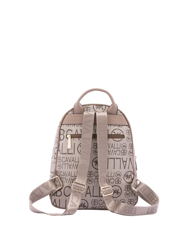 Mochila de mujer. El cierre es con cremallera. Los bolsillos internos son uno con cremallera. Los bolsillos externos son tres delanteros con cremallera y uno trasero con cremallera. La bandolera es ajustable en tela. Falta el mango. Hay un compartimento interno. El material exterior es ecopiel. Internamente es 100% Poliéster. Medidas: 26x33x16 cm. Producto de moda