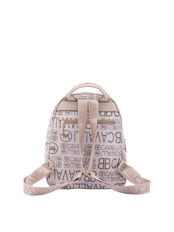 Mochila de mujer. El cierre es con cremallera. Los bolsillos internos son uno con cremallera. Los bolsillos externos son tres delanteros con cremallera y uno trasero con cremallera. La bandolera es ajustable en tela. Falta el mango. Hay un compartimento interno. El material exterior es ecopiel. Internamente es 100% Poliéster. Medidas: 26x33x16 cm. Producto de moda