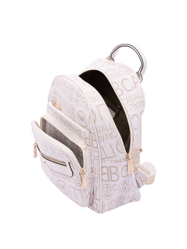 Mochila de mujer. El cierre es con cremallera. Los bolsillos internos son uno con cremallera. Los bolsillos externos son tres delanteros con cremallera y uno trasero con cremallera. La bandolera es ajustable en tela. Falta el mango. Hay un compartimento interno. El material exterior es ecopiel. Internamente es 100% Poliéster. Medidas: 26x33x16 cm. Producto de moda