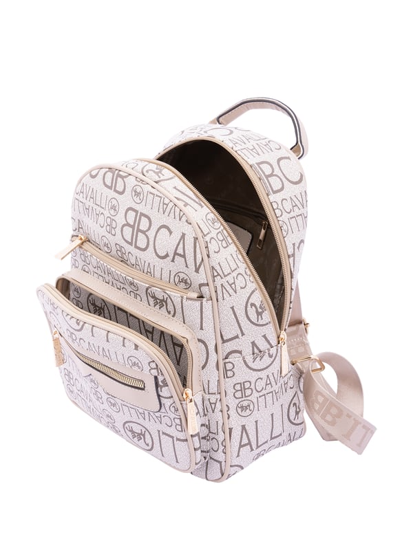Mochila de mujer. El cierre es con cremallera. Los bolsillos internos son uno con cremallera. Los bolsillos externos son tres delanteros con cremallera y uno trasero con cremallera. La bandolera es ajustable en tela. Falta el mango. Hay un compartimento interno. El material exterior es ecopiel. Internamente es 100% Poliéster. Medidas: 26x33x16 cm. Producto de moda