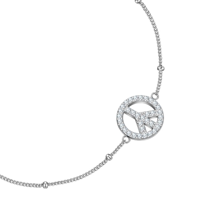 With this magical bracelet from the Glanzstücken München brand you make a clear statement for peace and style. The bracelet is made of high-quality, rhodium-plated 925 sterling silver and impresses with its fine anchor chain structure, which fits harmoniously around your wrist. The absolute eye-catcher is the sparkling peace sign, which is set with countless faceted zirconia and glitters impressively with every ray of light. Thanks to its timeless design, this piece of jewelry goes perfectly with any outfit - whether casual or elegant. Wear the bracelet as a daily companion that not only refines your look, but also conveys a positive message.