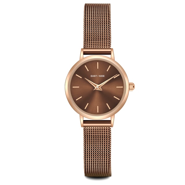 GENERAL INFORMATION:  • Targetgroup: Female  • Wristwatch: No Special Functions  • Display: analogue  • Weight of watch w/o box (gr.) - approx.: 25,0  MOVEMENT:  • Movement: Quartz  • Term of Movement: VC10  • Origin of movement: Japan  BRACELET:  • Material of bracelet/strap: Stainless steel  • Plating of bracelet/strap: Ion-Plating (IP)  • Finishing of bracelet/strap: Smooth  • Finishing/Decoration of bracelet/strap: None  • Clasp/Closure/Buckle: Slide Clasp  • Color of bracelet/strap: Brown  • Length of bracelet/strap (mm) approx.: 190,0  • Width of bracelet/strap (mm) approx.: 9,5  • Style/Design of bracelet/strap: Mesh band (Millanaise Style)  • Bracelet/strap adjustable?: No  CASE:  • Shape of case: Round  • Size/Diameter of case in mm . approx.: 24,0  • Height of case in mm: 7,6  • Case material: Metal (Alloy)  • Surface of case: Polished  • Bezel/Topring: Fixed  • Finishing/Decoration of case: None  • Material of case back: Stainless steel  • Lock of case back: No screwed-in crown  • Color of case: Rosegold  • Coating/Plating (Case): Ion-Plating (IP)  • Type/Form of crystal: Flat  • Material of crystal: Mineral crystal  • Water resistant (ATM): 3  DIAL:  • Size jewelry care cloth: Hour, Minute  • Indices: Line indices  • Material of dial: Brass  • Structure/pattern of dial: Flat  • Color of dial: Brown  PUSHER, CROWN, HAND:  • Pusher: None  • Corrector: No  • Crown: No screwed-in crown  • Type of hands: Dauphine hands  • Luminescent (hands): No  PACKAGING & SCOPE OF DELIVERY:  • Box: Yes  • Service booklet: Yes  • Manual: Yes