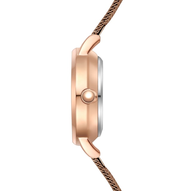 GENERAL INFORMATION:  • Targetgroup: Female  • Wristwatch: No Special Functions  • Display: analogue  • Weight of watch w/o box (gr.) - approx.: 25,0  MOVEMENT:  • Movement: Quartz  • Term of Movement: VC10  • Origin of movement: Japan  BRACELET:  • Material of bracelet/strap: Stainless steel  • Plating of bracelet/strap: Ion-Plating (IP)  • Finishing of bracelet/strap: Smooth  • Finishing/Decoration of bracelet/strap: None  • Clasp/Closure/Buckle: Slide Clasp  • Color of bracelet/strap: Brown  • Length of bracelet/strap (mm) approx.: 190,0  • Width of bracelet/strap (mm) approx.: 9,5  • Style/Design of bracelet/strap: Mesh band (Millanaise Style)  • Bracelet/strap adjustable?: No  CASE:  • Shape of case: Round  • Size/Diameter of case in mm . approx.: 24,0  • Height of case in mm: 7,6  • Case material: Metal (Alloy)  • Surface of case: Polished  • Bezel/Topring: Fixed  • Finishing/Decoration of case: None  • Material of case back: Stainless steel  • Lock of case back: No screwed-in crown  • Color of case: Rosegold  • Coating/Plating (Case): Ion-Plating (IP)  • Type/Form of crystal: Flat  • Material of crystal: Mineral crystal  • Water resistant (ATM): 3  DIAL:  • Size jewelry care cloth: Hour, Minute  • Indices: Line indices  • Material of dial: Brass  • Structure/pattern of dial: Flat  • Color of dial: Brown  PUSHER, CROWN, HAND:  • Pusher: None  • Corrector: No  • Crown: No screwed-in crown  • Type of hands: Dauphine hands  • Luminescent (hands): No  PACKAGING & SCOPE OF DELIVERY:  • Box: Yes  • Service booklet: Yes  • Manual: Yes