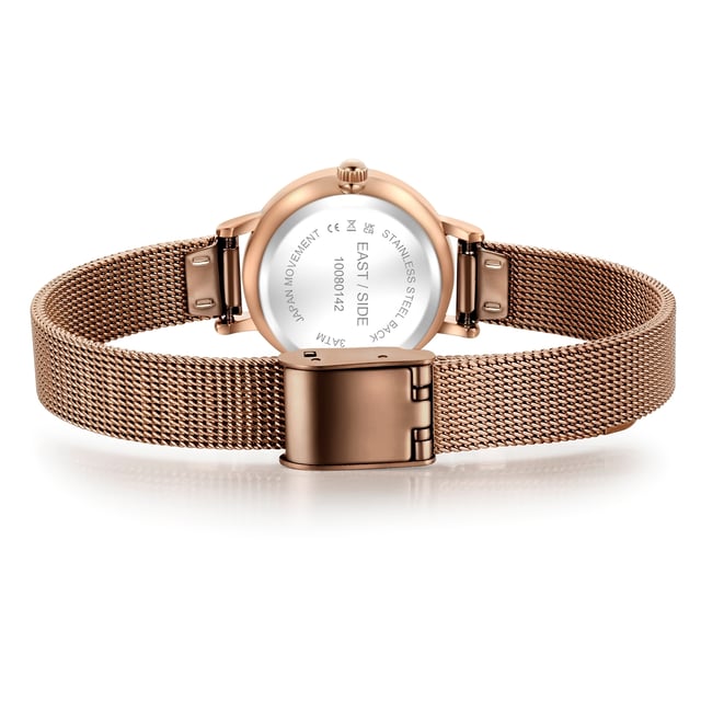 GENERAL INFORMATION:  • Targetgroup: Female  • Wristwatch: No Special Functions  • Display: analogue  • Weight of watch w/o box (gr.) - approx.: 25,0  MOVEMENT:  • Movement: Quartz  • Term of Movement: VC10  • Origin of movement: Japan  BRACELET:  • Material of bracelet/strap: Stainless steel  • Plating of bracelet/strap: Ion-Plating (IP)  • Finishing of bracelet/strap: Smooth  • Finishing/Decoration of bracelet/strap: None  • Clasp/Closure/Buckle: Slide Clasp  • Color of bracelet/strap: Brown  • Length of bracelet/strap (mm) approx.: 190,0  • Width of bracelet/strap (mm) approx.: 9,5  • Style/Design of bracelet/strap: Mesh band (Millanaise Style)  • Bracelet/strap adjustable?: No  CASE:  • Shape of case: Round  • Size/Diameter of case in mm . approx.: 24,0  • Height of case in mm: 7,6  • Case material: Metal (Alloy)  • Surface of case: Polished  • Bezel/Topring: Fixed  • Finishing/Decoration of case: None  • Material of case back: Stainless steel  • Lock of case back: No screwed-in crown  • Color of case: Rosegold  • Coating/Plating (Case): Ion-Plating (IP)  • Type/Form of crystal: Flat  • Material of crystal: Mineral crystal  • Water resistant (ATM): 3  DIAL:  • Size jewelry care cloth: Hour, Minute  • Indices: Line indices  • Material of dial: Brass  • Structure/pattern of dial: Flat  • Color of dial: Brown  PUSHER, CROWN, HAND:  • Pusher: None  • Corrector: No  • Crown: No screwed-in crown  • Type of hands: Dauphine hands  • Luminescent (hands): No  PACKAGING & SCOPE OF DELIVERY:  • Box: Yes  • Service booklet: Yes  • Manual: Yes