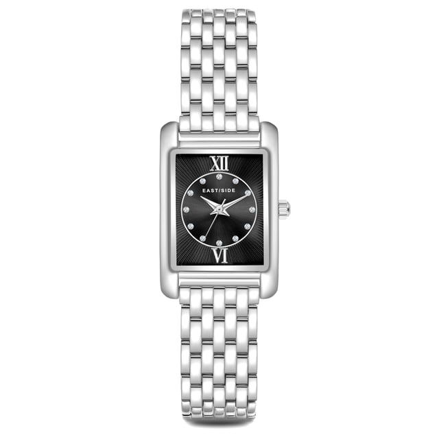 GENERAL INFORMATION:  • Targetgroup: Female  • Wristwatch: No Special Functions  • Display: analogue  • Weight of watch w/o box (gr.) - approx.: 55,0  MOVEMENT:  • Movement: Quartz  • Term of Movement: 2035  • Origin of movement: Japan  BRACELET:  • Material of bracelet/strap: Metal (Alloy)  • Plating of bracelet/strap: None  • Finishing of bracelet/strap: Smooth  • Finishing/Decoration of bracelet/strap: None  • Clasp/Closure/Buckle: Security-folding clasp  • Color of bracelet/strap: Silver  • Length of bracelet/strap (mm) approx.: 210,0  • Width of bracelet/strap (mm) approx.: 13,4  • Style/Design of bracelet/strap: Link bracelet  • Bracelet/strap adjustable?: No  CASE:  • Shape of case: Rectangular  • Size/Diameter of case in mm . approx.: 20,5 x 30,8  • Height of case in mm: 8,4  • Case material: Metal (Alloy)  • Surface of case: Polished  • Bezel/Topring: Fixed  • Finishing/Decoration of case: None  • Material of case back: Stainless steel  • Lock of case back: No screwed-in crown  • Color of case: Silver  • Coating/Plating (Case): None  • Type/Form of crystal: Flat  • Material of crystal: Mineral crystal  DIAL:  • Size jewelry care cloth: Hour, Minute, Second  • Indices: Roman numerals/points  • Material of dial: Brass  • Structure/pattern of dial: Flat/sunray  • Color of dial: Black  PUSHER, CROWN, HAND:  • Pusher: None  • Corrector: No  • Crown: No screwed-in crown  • Type of hands: Dauphine hands  • Luminescent (hands): No  PACKAGING & SCOPE OF DELIVERY:  • Box: Yes  • Service booklet: Yes  • Manual: Yes