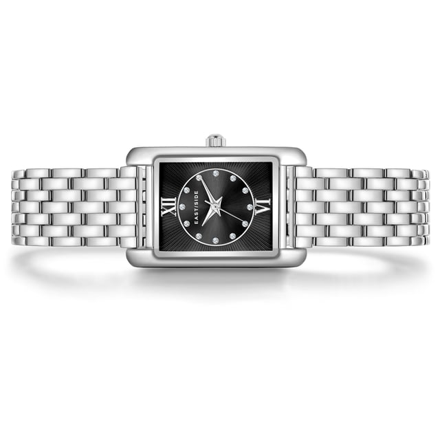 GENERAL INFORMATION:  • Targetgroup: Female  • Wristwatch: No Special Functions  • Display: analogue  • Weight of watch w/o box (gr.) - approx.: 55,0  MOVEMENT:  • Movement: Quartz  • Term of Movement: 2035  • Origin of movement: Japan  BRACELET:  • Material of bracelet/strap: Metal (Alloy)  • Plating of bracelet/strap: None  • Finishing of bracelet/strap: Smooth  • Finishing/Decoration of bracelet/strap: None  • Clasp/Closure/Buckle: Security-folding clasp  • Color of bracelet/strap: Silver  • Length of bracelet/strap (mm) approx.: 210,0  • Width of bracelet/strap (mm) approx.: 13,4  • Style/Design of bracelet/strap: Link bracelet  • Bracelet/strap adjustable?: No  CASE:  • Shape of case: Rectangular  • Size/Diameter of case in mm . approx.: 20,5 x 30,8  • Height of case in mm: 8,4  • Case material: Metal (Alloy)  • Surface of case: Polished  • Bezel/Topring: Fixed  • Finishing/Decoration of case: None  • Material of case back: Stainless steel  • Lock of case back: No screwed-in crown  • Color of case: Silver  • Coating/Plating (Case): None  • Type/Form of crystal: Flat  • Material of crystal: Mineral crystal  DIAL:  • Size jewelry care cloth: Hour, Minute, Second  • Indices: Roman numerals/points  • Material of dial: Brass  • Structure/pattern of dial: Flat/sunray  • Color of dial: Black  PUSHER, CROWN, HAND:  • Pusher: None  • Corrector: No  • Crown: No screwed-in crown  • Type of hands: Dauphine hands  • Luminescent (hands): No  PACKAGING & SCOPE OF DELIVERY:  • Box: Yes  • Service booklet: Yes  • Manual: Yes