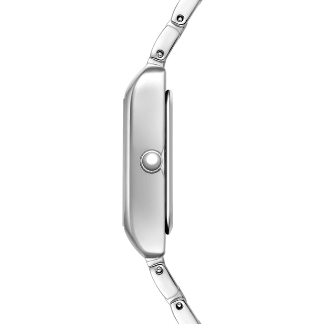 GENERAL INFORMATION:  • Targetgroup: Female  • Wristwatch: No Special Functions  • Display: analogue  • Weight of watch w/o box (gr.) - approx.: 55,0  MOVEMENT:  • Movement: Quartz  • Term of Movement: 2035  • Origin of movement: Japan  BRACELET:  • Material of bracelet/strap: Metal (Alloy)  • Plating of bracelet/strap: None  • Finishing of bracelet/strap: Smooth  • Finishing/Decoration of bracelet/strap: None  • Clasp/Closure/Buckle: Security-folding clasp  • Color of bracelet/strap: Silver  • Length of bracelet/strap (mm) approx.: 210,0  • Width of bracelet/strap (mm) approx.: 13,4  • Style/Design of bracelet/strap: Link bracelet  • Bracelet/strap adjustable?: No  CASE:  • Shape of case: Rectangular  • Size/Diameter of case in mm . approx.: 20,5 x 30,8  • Height of case in mm: 8,4  • Case material: Metal (Alloy)  • Surface of case: Polished  • Bezel/Topring: Fixed  • Finishing/Decoration of case: None  • Material of case back: Stainless steel  • Lock of case back: No screwed-in crown  • Color of case: Silver  • Coating/Plating (Case): None  • Type/Form of crystal: Flat  • Material of crystal: Mineral crystal  DIAL:  • Size jewelry care cloth: Hour, Minute, Second  • Indices: Roman numerals/points  • Material of dial: Brass  • Structure/pattern of dial: Flat/sunray  • Color of dial: Black  PUSHER, CROWN, HAND:  • Pusher: None  • Corrector: No  • Crown: No screwed-in crown  • Type of hands: Dauphine hands  • Luminescent (hands): No  PACKAGING & SCOPE OF DELIVERY:  • Box: Yes  • Service booklet: Yes  • Manual: Yes