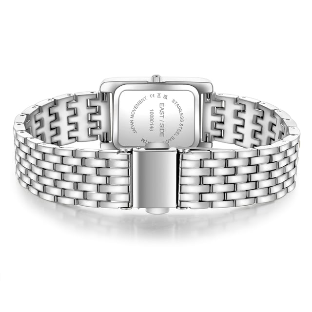 GENERAL INFORMATION:  • Targetgroup: Female  • Wristwatch: No Special Functions  • Display: analogue  • Weight of watch w/o box (gr.) - approx.: 55,0  MOVEMENT:  • Movement: Quartz  • Term of Movement: 2035  • Origin of movement: Japan  BRACELET:  • Material of bracelet/strap: Metal (Alloy)  • Plating of bracelet/strap: None  • Finishing of bracelet/strap: Smooth  • Finishing/Decoration of bracelet/strap: None  • Clasp/Closure/Buckle: Security-folding clasp  • Color of bracelet/strap: Silver  • Length of bracelet/strap (mm) approx.: 210,0  • Width of bracelet/strap (mm) approx.: 13,4  • Style/Design of bracelet/strap: Link bracelet  • Bracelet/strap adjustable?: No  CASE:  • Shape of case: Rectangular  • Size/Diameter of case in mm . approx.: 20,5 x 30,8  • Height of case in mm: 8,4  • Case material: Metal (Alloy)  • Surface of case: Polished  • Bezel/Topring: Fixed  • Finishing/Decoration of case: None  • Material of case back: Stainless steel  • Lock of case back: No screwed-in crown  • Color of case: Silver  • Coating/Plating (Case): None  • Type/Form of crystal: Flat  • Material of crystal: Mineral crystal  DIAL:  • Size jewelry care cloth: Hour, Minute, Second  • Indices: Roman numerals/points  • Material of dial: Brass  • Structure/pattern of dial: Flat/sunray  • Color of dial: Black  PUSHER, CROWN, HAND:  • Pusher: None  • Corrector: No  • Crown: No screwed-in crown  • Type of hands: Dauphine hands  • Luminescent (hands): No  PACKAGING & SCOPE OF DELIVERY:  • Box: Yes  • Service booklet: Yes  • Manual: Yes
