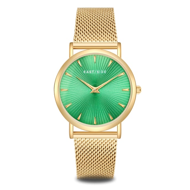 GENERAL INFORMATION:  • Targetgroup: Female  • Wristwatch: No Special Functions  • Display: analogue  • Weight of watch w/o box (gr.) - approx.: 51,0  MOVEMENT:  • Movement: Quartz  • Term of Movement: 2025  • Origin of movement: Japan  BRACELET:  • Material of bracelet/strap: Stainless steel  • Plating of bracelet/strap: Ion-Plating (IP)  • Finishing of bracelet/strap: Smooth  • Finishing/Decoration of bracelet/strap: None  • Clasp/Closure/Buckle: Slide Clasp  • Color of bracelet/strap: Yellowgold  • Length of bracelet/strap (mm) approx.: 200,0  • Width of bracelet/strap (mm) approx.: 17,5  • Style/Design of bracelet/strap: Mesh band (Millanaise Style)  • Bracelet/strap adjustable?: Yes  CASE:  • Shape of case: Round  • Size/Diameter of case in mm . approx.: 33,0  • Height of case in mm: 6,7  • Case material: Metal (Alloy)  • Surface of case: Polished  • Bezel/Topring: Fixed  • Finishing/Decoration of case: None  • Material of case back: Stainless steel  • Lock of case back: No screwed-in crown  • Color of case: Yellowgold  • Coating/Plating (Case): Ion-Plating (IP)  • Type/Form of crystal: Flat  • Material of crystal: Mineral crystal  • Water resistant (ATM): 3  DIAL:  • Size jewelry care cloth: Hour, Minute  • Indices: Line indices  • Material of dial: Brass  • Structure/pattern of dial: sunray  • Color of dial: Green  PUSHER, CROWN, HAND:  • Pusher: None  • Corrector: No  • Crown: No screwed-in crown  • Type of hands: Dauphine hands  • Luminescent (hands): No  PACKAGING & SCOPE OF DELIVERY:  • Box: Yes  • Service booklet: Yes  • Manual: Yes