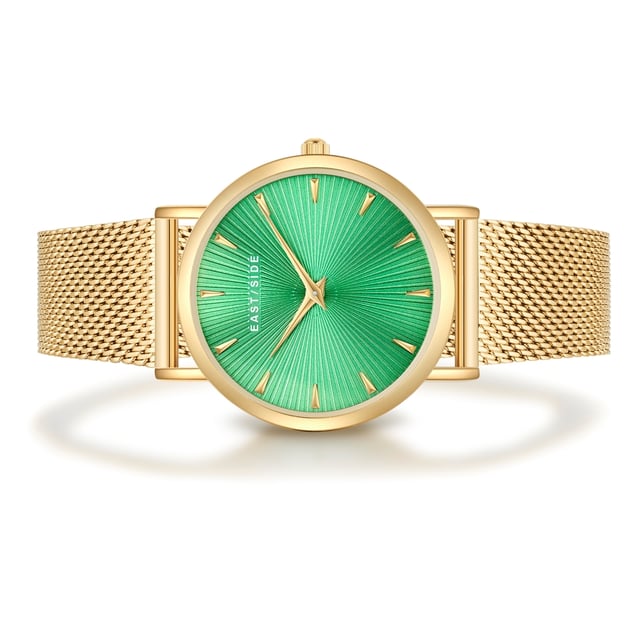 GENERAL INFORMATION:  • Targetgroup: Female  • Wristwatch: No Special Functions  • Display: analogue  • Weight of watch w/o box (gr.) - approx.: 51,0  MOVEMENT:  • Movement: Quartz  • Term of Movement: 2025  • Origin of movement: Japan  BRACELET:  • Material of bracelet/strap: Stainless steel  • Plating of bracelet/strap: Ion-Plating (IP)  • Finishing of bracelet/strap: Smooth  • Finishing/Decoration of bracelet/strap: None  • Clasp/Closure/Buckle: Slide Clasp  • Color of bracelet/strap: Yellowgold  • Length of bracelet/strap (mm) approx.: 200,0  • Width of bracelet/strap (mm) approx.: 17,5  • Style/Design of bracelet/strap: Mesh band (Millanaise Style)  • Bracelet/strap adjustable?: Yes  CASE:  • Shape of case: Round  • Size/Diameter of case in mm . approx.: 33,0  • Height of case in mm: 6,7  • Case material: Metal (Alloy)  • Surface of case: Polished  • Bezel/Topring: Fixed  • Finishing/Decoration of case: None  • Material of case back: Stainless steel  • Lock of case back: No screwed-in crown  • Color of case: Yellowgold  • Coating/Plating (Case): Ion-Plating (IP)  • Type/Form of crystal: Flat  • Material of crystal: Mineral crystal  • Water resistant (ATM): 3  DIAL:  • Size jewelry care cloth: Hour, Minute  • Indices: Line indices  • Material of dial: Brass  • Structure/pattern of dial: sunray  • Color of dial: Green  PUSHER, CROWN, HAND:  • Pusher: None  • Corrector: No  • Crown: No screwed-in crown  • Type of hands: Dauphine hands  • Luminescent (hands): No  PACKAGING & SCOPE OF DELIVERY:  • Box: Yes  • Service booklet: Yes  • Manual: Yes