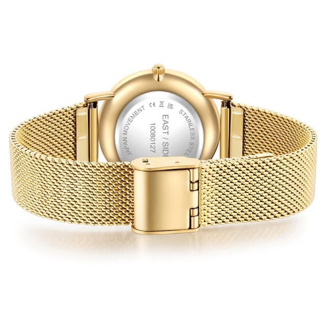 GENERAL INFORMATION:  • Targetgroup: Female  • Wristwatch: No Special Functions  • Display: analogue  • Weight of watch w/o box (gr.) - approx.: 51,0  MOVEMENT:  • Movement: Quartz  • Term of Movement: 2025  • Origin of movement: Japan  BRACELET:  • Material of bracelet/strap: Stainless steel  • Plating of bracelet/strap: Ion-Plating (IP)  • Finishing of bracelet/strap: Smooth  • Finishing/Decoration of bracelet/strap: None  • Clasp/Closure/Buckle: Slide Clasp  • Color of bracelet/strap: Yellowgold  • Length of bracelet/strap (mm) approx.: 200,0  • Width of bracelet/strap (mm) approx.: 17,5  • Style/Design of bracelet/strap: Mesh band (Millanaise Style)  • Bracelet/strap adjustable?: Yes  CASE:  • Shape of case: Round  • Size/Diameter of case in mm . approx.: 33,0  • Height of case in mm: 6,7  • Case material: Metal (Alloy)  • Surface of case: Polished  • Bezel/Topring: Fixed  • Finishing/Decoration of case: None  • Material of case back: Stainless steel  • Lock of case back: No screwed-in crown  • Color of case: Yellowgold  • Coating/Plating (Case): Ion-Plating (IP)  • Type/Form of crystal: Flat  • Material of crystal: Mineral crystal  • Water resistant (ATM): 3  DIAL:  • Size jewelry care cloth: Hour, Minute  • Indices: Line indices  • Material of dial: Brass  • Structure/pattern of dial: sunray  • Color of dial: Green  PUSHER, CROWN, HAND:  • Pusher: None  • Corrector: No  • Crown: No screwed-in crown  • Type of hands: Dauphine hands  • Luminescent (hands): No  PACKAGING & SCOPE OF DELIVERY:  • Box: Yes  • Service booklet: Yes  • Manual: Yes