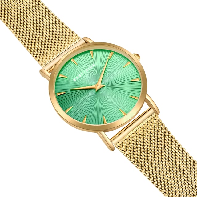 GENERAL INFORMATION:  • Targetgroup: Female  • Wristwatch: No Special Functions  • Display: analogue  • Weight of watch w/o box (gr.) - approx.: 51,0  MOVEMENT:  • Movement: Quartz  • Term of Movement: 2025  • Origin of movement: Japan  BRACELET:  • Material of bracelet/strap: Stainless steel  • Plating of bracelet/strap: Ion-Plating (IP)  • Finishing of bracelet/strap: Smooth  • Finishing/Decoration of bracelet/strap: None  • Clasp/Closure/Buckle: Slide Clasp  • Color of bracelet/strap: Yellowgold  • Length of bracelet/strap (mm) approx.: 200,0  • Width of bracelet/strap (mm) approx.: 17,5  • Style/Design of bracelet/strap: Mesh band (Millanaise Style)  • Bracelet/strap adjustable?: Yes  CASE:  • Shape of case: Round  • Size/Diameter of case in mm . approx.: 33,0  • Height of case in mm: 6,7  • Case material: Metal (Alloy)  • Surface of case: Polished  • Bezel/Topring: Fixed  • Finishing/Decoration of case: None  • Material of case back: Stainless steel  • Lock of case back: No screwed-in crown  • Color of case: Yellowgold  • Coating/Plating (Case): Ion-Plating (IP)  • Type/Form of crystal: Flat  • Material of crystal: Mineral crystal  • Water resistant (ATM): 3  DIAL:  • Size jewelry care cloth: Hour, Minute  • Indices: Line indices  • Material of dial: Brass  • Structure/pattern of dial: sunray  • Color of dial: Green  PUSHER, CROWN, HAND:  • Pusher: None  • Corrector: No  • Crown: No screwed-in crown  • Type of hands: Dauphine hands  • Luminescent (hands): No  PACKAGING & SCOPE OF DELIVERY:  • Box: Yes  • Service booklet: Yes  • Manual: Yes