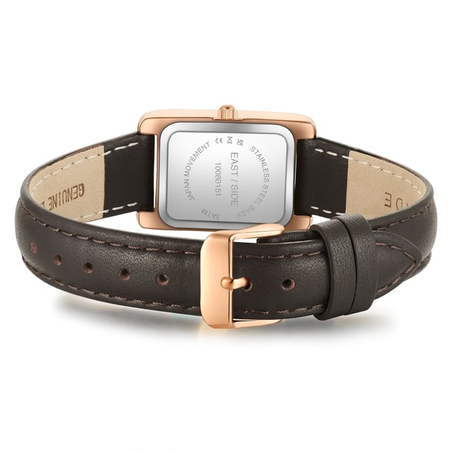 GENERAL INFORMATION:  • Targetgroup: Female  • Wristwatch: No Special Functions  • Display: analogue  • Weight of watch w/o box (gr.) - approx.: 21  MOVEMENT:  • Movement: Quartz  • Term of Movement: 2035  • Origin of movement: Japan  BRACELET:  • Material of bracelet/strap: Genuine leather  • Plating of bracelet/strap: None  • Finishing of bracelet/strap: Smooth  • Finishing/Decoration of bracelet/strap: Seam  • Clasp/Closure/Buckle: Buckle  • Color of bracelet/strap: Brown  • Length of bracelet/strap (mm) approx.: 190,0  • Width of bracelet/strap (mm) approx.: 14,0  • Style/Design of bracelet/strap: No imprint  • Bracelet/strap adjustable?: No  CASE:  • Shape of case: Rectangular  • Size/Diameter of case in mm . approx.: 20,5 x 30,8  • Height of case in mm: 8,4  • Case material: Metal (Alloy)  • Surface of case: Polished  • Bezel/Topring: Fixed  • Finishing/Decoration of case: None  • Material of case back: Stainless steel  • Lock of case back: No screwed-in crown  • Color of case: Rosegold  • Coating/Plating (Case): Ion-Plating (IP)  • Type/Form of crystal: Flat  • Material of crystal: Mineral crystal  DIAL:  • Size jewelry care cloth: Hour, Minute, Second  • Indices: Roman numerals/points  • Material of dial: Brass  • Structure/pattern of dial: Flat/sunray  • Color of dial: Blue  PUSHER, CROWN, HAND:  • Pusher: None  • Corrector: No  • Crown: No screwed-in crown  • Type of hands: Dauphine hands  • Luminescent (hands): No  PACKAGING & SCOPE OF DELIVERY:  • Box: Yes  • Service booklet: Yes  • Manual: Yes
