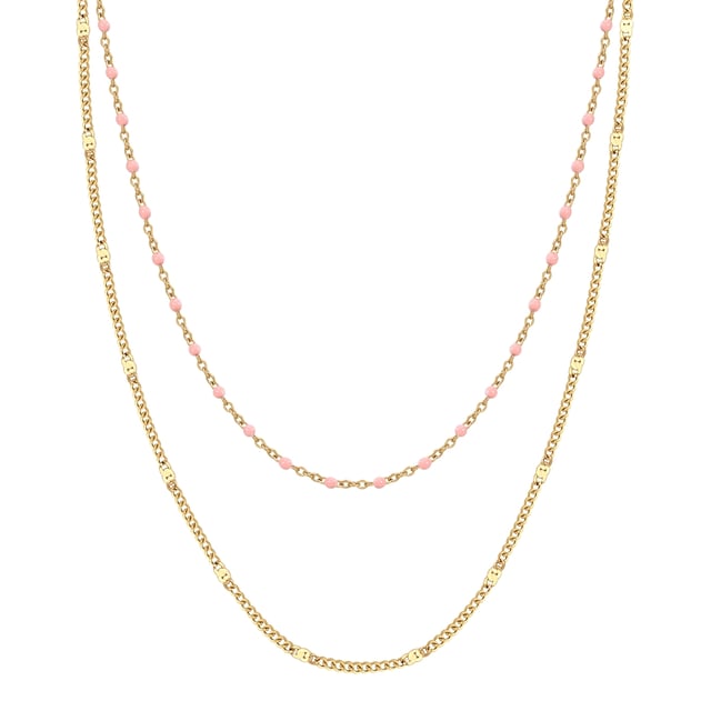 Do you like wearing accessories that not everyone has? Then you will like this necklace from the EAST/SIDE label! Elegant design meets a modern mix of materials: The double-row chain combines a delicate anchor chain and a solid curb chain, both made of 14-carat yellow gold-plated stainless steel. Upbeat enamel beads add small splashes of color to the décolleté and exude cheerful boho vibes - a feel-good accessory that doesn't just round off festival outfits. The high robustness and ease of care of stainless steel ensure that it is suitable for everyday use. Thanks to the carabiner clasp with extension chain, the length of the chain can be adjusted quickly and easily.