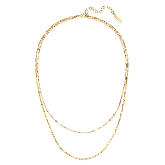 Do you like wearing accessories that not everyone has? Then you will like this necklace from the EAST/SIDE label! Elegant design meets a modern mix of materials: The double-row chain combines a delicate anchor chain and a solid curb chain, both made of 14-carat yellow gold-plated stainless steel. Upbeat enamel beads add small splashes of color to the décolleté and exude cheerful boho vibes - a feel-good accessory that doesn't just round off festival outfits. The high robustness and ease of care of stainless steel ensure that it is suitable for everyday use. Thanks to the carabiner clasp with extension chain, the length of the chain can be adjusted quickly and easily.